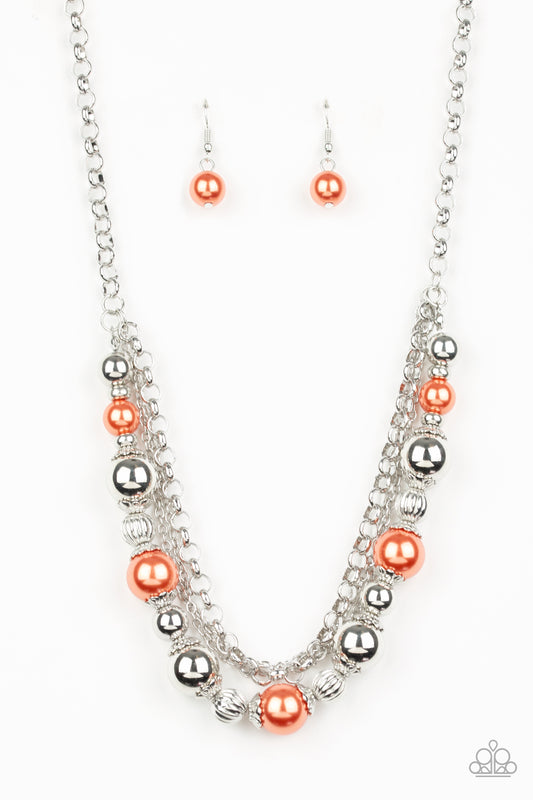 5th Avenue Romance - Orange Pearls and Silver Bead Necklace